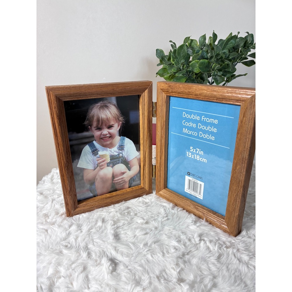 Vintage Double Picture Frame Solid Oak Wood Hinged Folding 5x7 Natural